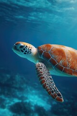 Fototapeta premium Graceful turtle gliding through vibrant blue waters, showcasing
