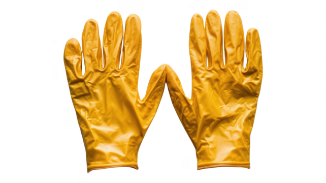 Yellow rubber gloves displayed on an transparent background for cleaning and safety use