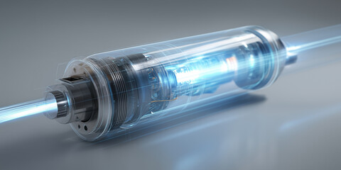 Transparent futuristic electric motor with glowing blue core, showcasing intricate internal components and sleek design, set against neutral background