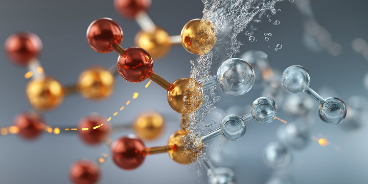 Hyper realistic image depicting scientific split scene comparison of molecular structures, showcasing vibrant orange and blue molecules with dynamic water interaction