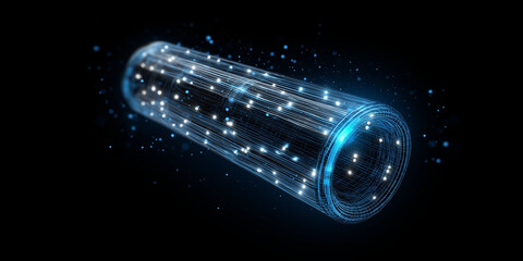 Glowing cylindrical structure with blue light particles creates futuristic and dynamic visual effect against dark background. image evokes sense of energy and technology
