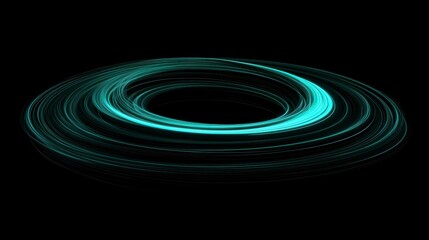 Abstract teal light swirl on black background.