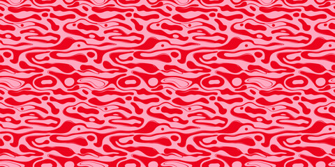 Vector abstract seamless pattern with organic shapes. Funky stylish background with liquid lines, fluid shapes, spots, biological structures. Groovy wavy psychedelic texture. Pink and red geo design