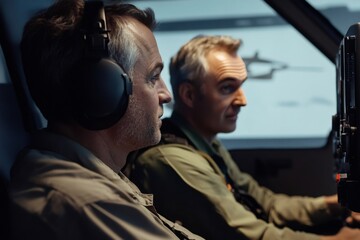 Focused flight instructor guiding student pilot during professional flight simulation training inside cockpit