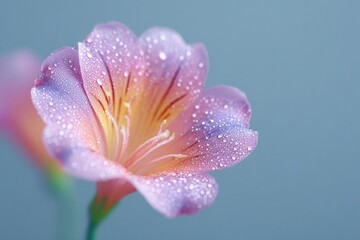 Delicate flower with soft pink petals glistening with morning de