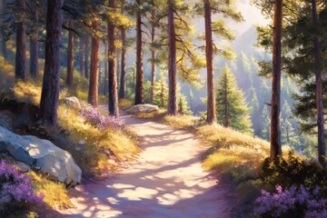 Obraz premium Painting of a forest path winding through tall pine trees on a sunny day, creating a serene and inviting atmosphere
