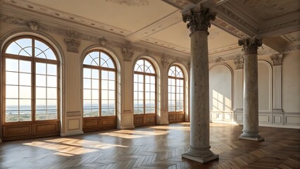 Grand Classical Interior with Large Arched Windows and Elegant Columns in Natural Light