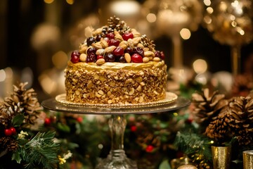 Delicious golden fruitcake topped with nuts, cherries and pine cones, sitting on an elegant glass cake stand, perfect for Christmas celebrations
