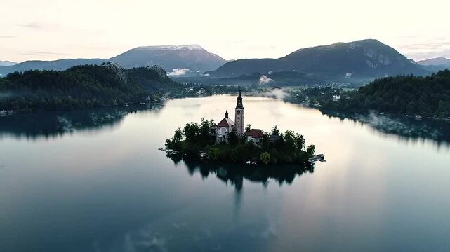 Lake Bled in Slovenia at dawn, smooth aerial tilt-down shot
