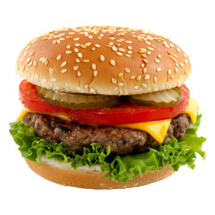 A classic cheeseburger.  A round bun, topped with a seasoned patty, slices of tomato, pickles, crisp lettuce, and melted cheese