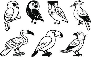 Collection of seven different stylized birds including an owl toucan and a parrot in black and white