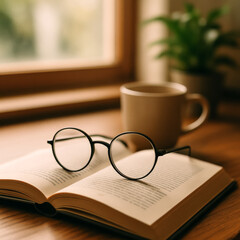 Fototapeta premium Reading glasses on open book with coffee cup nearby
