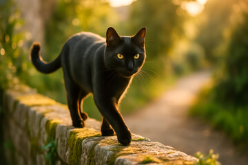 Obraz premium Black cat walking on stone wall during golden hour