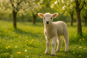 Cute lamb standing in a blooming meadow surrounded by flowers