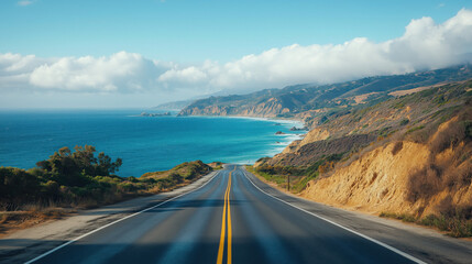 a road trip along a coastal highway with ocean views and cliffs