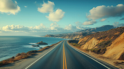 a road trip along a coastal highway with ocean views and cliffs
