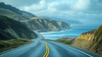 a road trip along a coastal highway with ocean views and cliffs