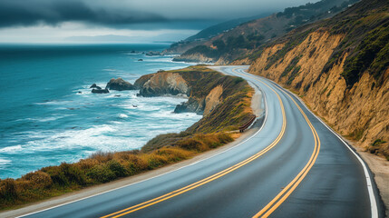 a road trip along a coastal highway with ocean views and cliffs