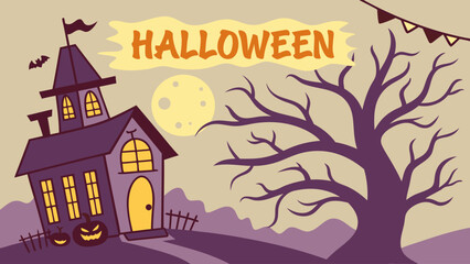 Cute Cartoon Halloween Haunted House Illustration, Spooky Night Scene, Vintage Style, Jack-o'-lanterns, Moon, Tree