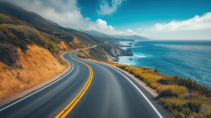 a road trip along a coastal highway with ocean views and cliffs