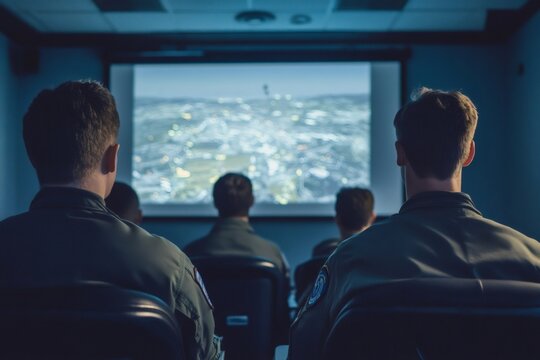 Military pilots participating in a briefing focused on flight safety measures within a classroom setting, emphasizing teamwork and strategy