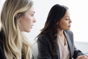 Two businesswomen in blazers speaking in a professional meeting setting, captured in a modern workspace