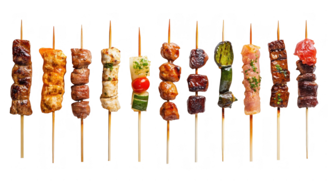 Colorful skewers of grilled meat and vegetables arranged on a white background