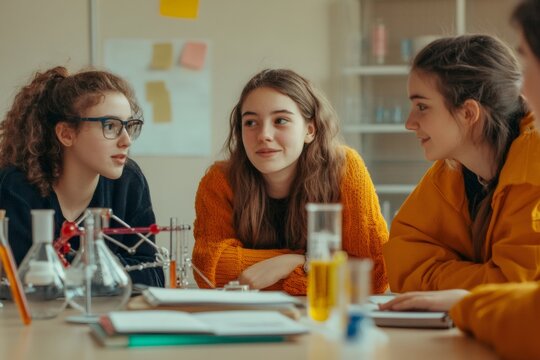 Three high school students are working together on a science experiment, discussing their findings and collaborating in a modern classroom environment