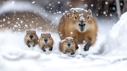 Two capybaras, one in front and the other behind, are leading three baby capybaras, struggling to walk in the ice and snow
