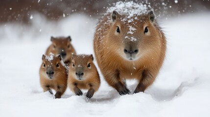Two capybaras, one in front and the other behind, are leading three baby capybaras, struggling to walk in the ice and snow
