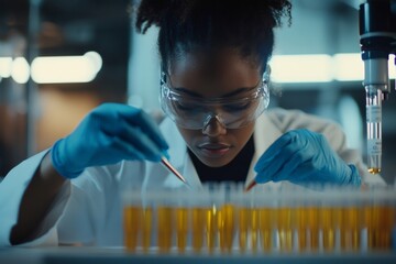 Young black female scientist labeling test tubes while working with dangerous liquids in modern laboratory