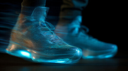 Teleport shoes pulse with neon light while a courier steps into a new era of instant city delivery, wrapped in futuristic style