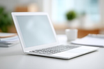 Sleek laptop on modern desk, illuminated by natural light, invit