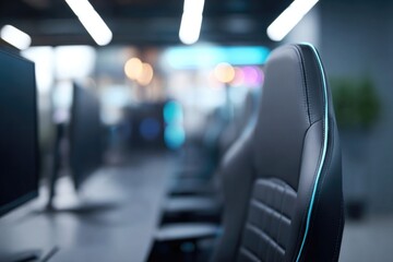 Modern gaming setup features sleek chairs with ambient lighting