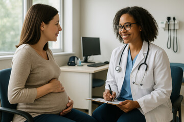 Fototapeta premium Pregnant woman consulting with doctor in modern healthcare office