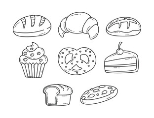 Set of Bakery Objects Outline Set Collection, Bakery Elements Line Art style. Bread, cookies, cupcake. Cake Shop badge emblem for dessert food decoration.