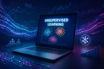 Laptop displaying unsupervised learning data visualization on screen
