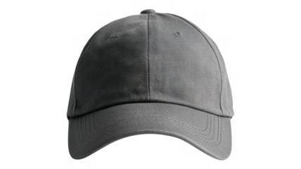 Simple gray cap with a rounded crown and a curved brim placed against an transparent background