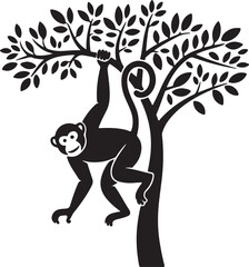 monkey Funny cartoon tree silhouette vector illustration with a dancing monkey 