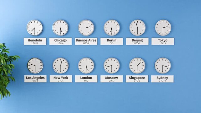 Different clocks with different time  zones and cities on a wall. Newsroom, worldwide cooperation and teamwork concept. Loopable video with static camera