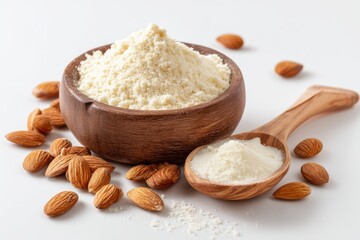 Almond flour. Almond nuts and almond flour in a wooden bowl and spoon. White table background. Grated almonds pile. Gluten-free produce for health. Low Carb Keto, celiac, paleo, and wheat-free diets
