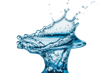 A dynamic splash of translucent cerulean blue water with frozen droplets and precise ripples, isolated against a pristine clean white studio background with shadowless lighting, conveying refreshing