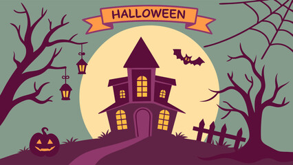 Spooky Halloween Haunted House Silhouette Illustration Vector Graphic Design Vintage Style