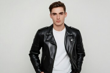 Fototapeta premium Studio shot of young, handsome man wearing black leather jacket and white t shirt, representing modern fashion style