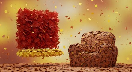 Warm autumn environment with a cozy armchair crafted from leaves and a suspended red foliage block, all set against a backdrop of falling leaves.
