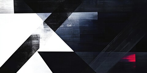 Abstract geometric black white and red composition with bold lines and sharp angles. Modern minimalist painting with textured design and dynamic visual balance.