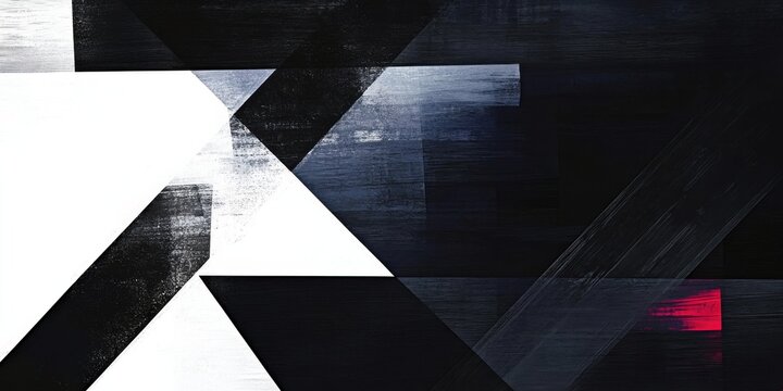 Abstract geometric black white and red composition with bold lines and sharp angles. Modern minimalist painting with textured design and dynamic visual balance.