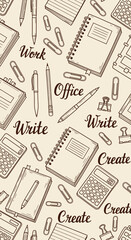 Seamless Pattern of Office Supplies with Calculators, Notepads, Pens, and Motivational Words
