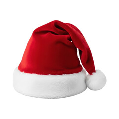 Classic red velvet Santa hat with white faux fur trim and fluffy pom-pom, presented as a standalone object on a plain bright transparent studio background with no shadows, concept for festive