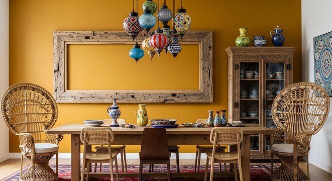Inviting bohemian dining room with eclectic decor: a rustic wooden table, unique rattan chairs, colorful Moroccan-style lanterns, and a vibrant mustard wall. - Powered by Adobe